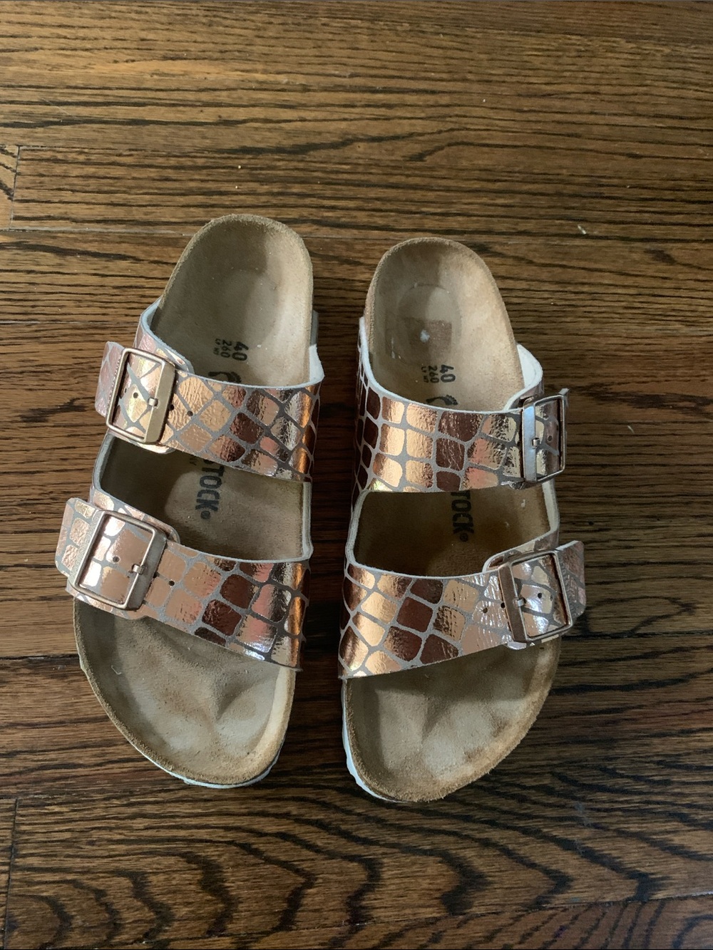 Birkenstock Metallic Rose Gold Croc-Embossed Double Buckle Sandals